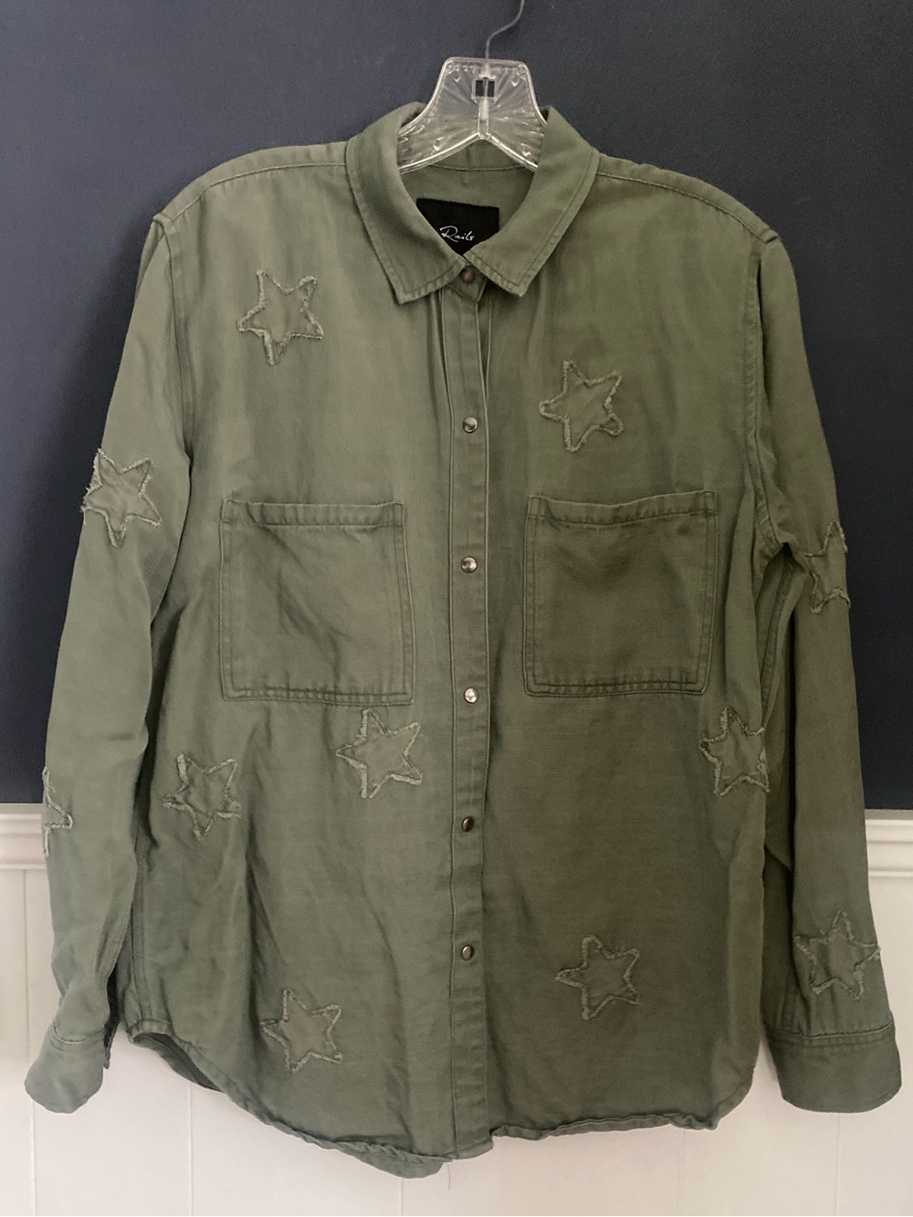 Rails Marcel Utility Shirt Jacket Sage Green Embroidered Stars Snap Front XS - Picture 2 of 5
